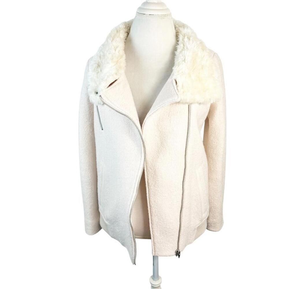 Zara Trafaluc Moto Asymmetrical Zip Coat Faux Fur Blush Pink Wool Jacket Size XS - Picture 3 of 11